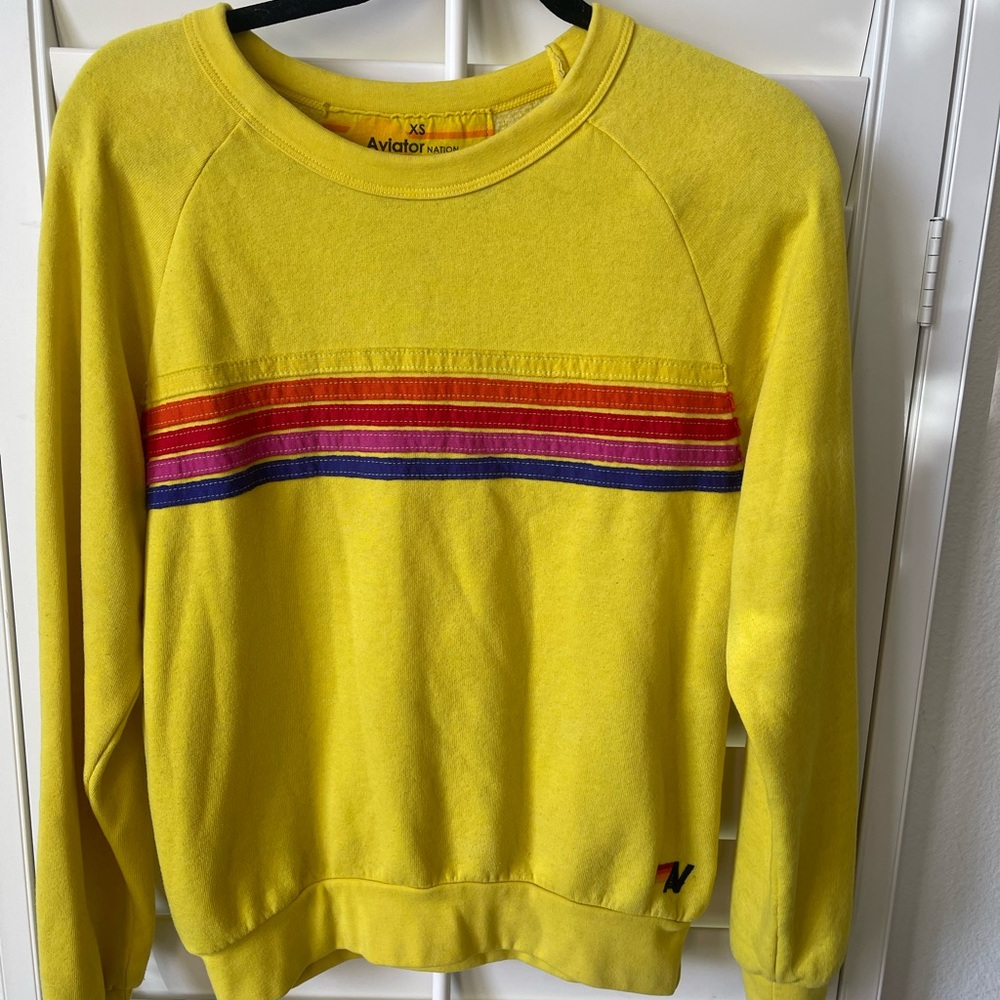 Aviator Nation Yellow Crewneck Sweater with Red Stripes